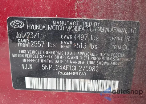 2016 Hyundai Sonata Se from USA, damaged, VIN 5NPE24AF1GH275982